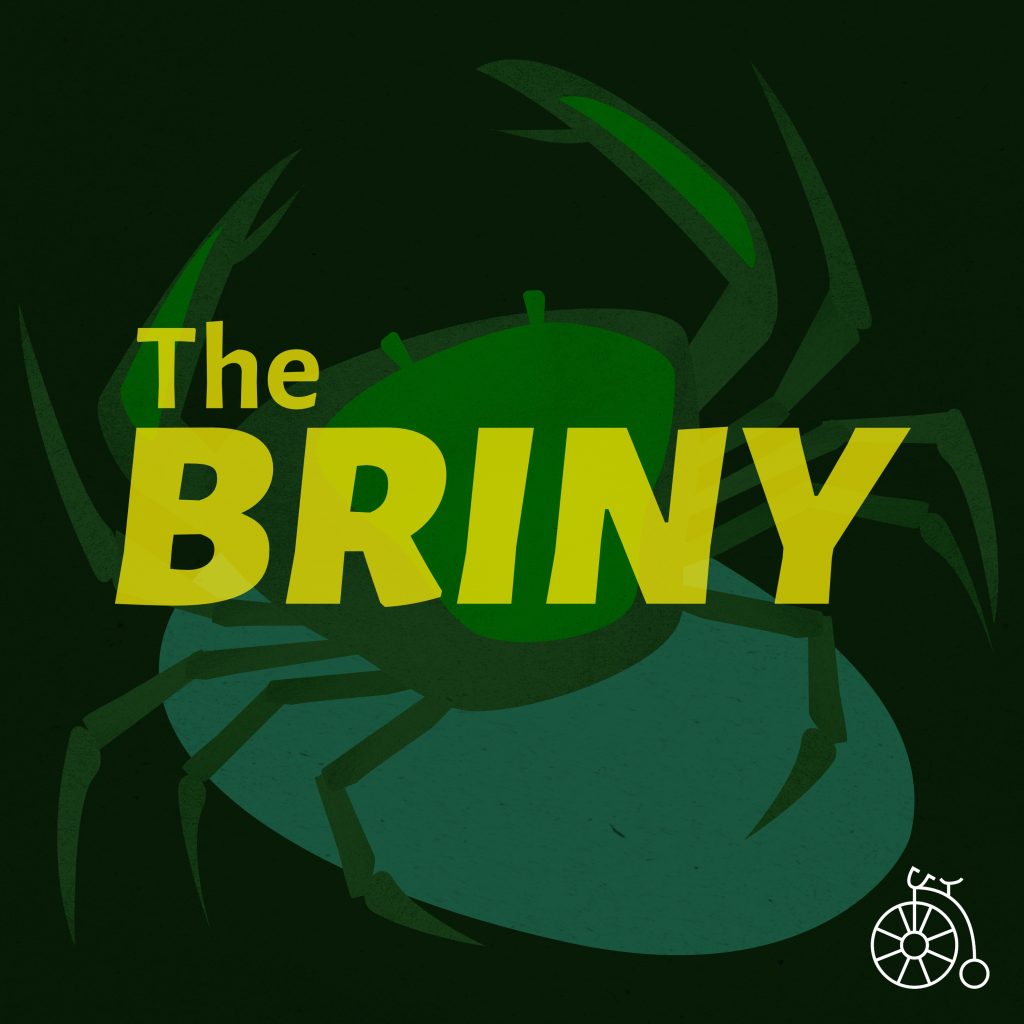 The logo of The Briny podcast, depicting a cartoon of a green crab with the words "The Briny" superimposed in yellow.