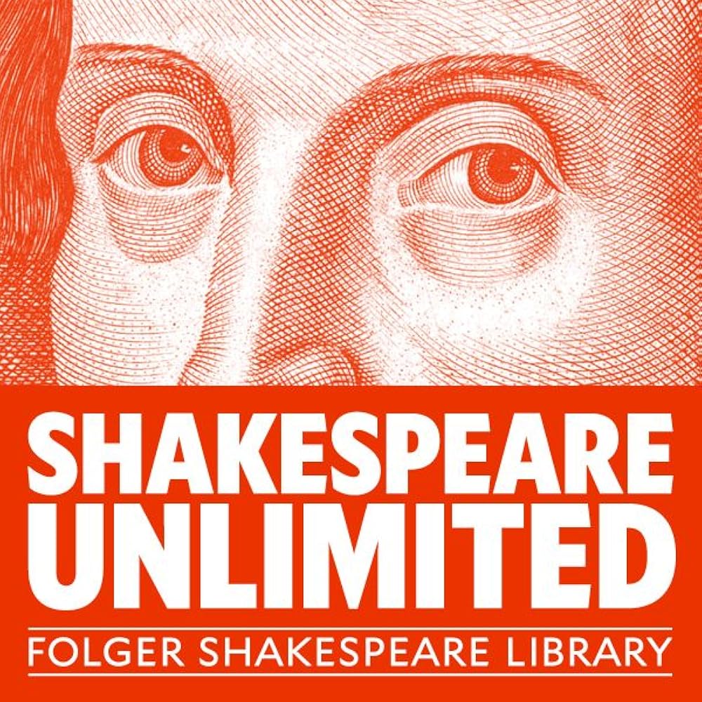 The logo of the podcast Shakespeare Unlimited from the Folger Shakespeare library, depicting the eyes of William Shakespeare peering above the title of the show.